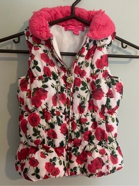 Betsey Johnson Vest with Pink Rose Print and Hot Pink Faux-Fur Collar